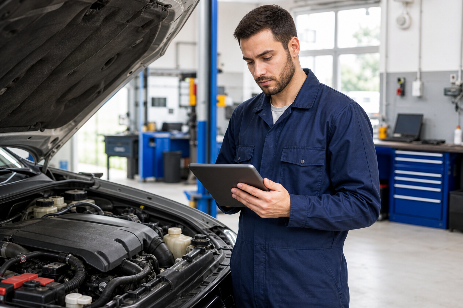 Techniker mit Tablet neben Fahrzeug in Werkstatt