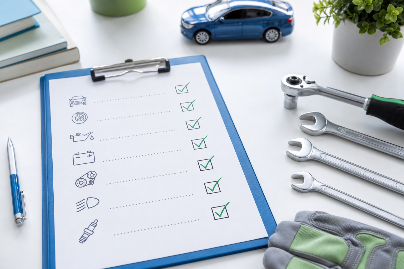 Service-Checkliste und Werkzeug auf hellem Werktisch